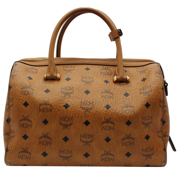 MCM Visetos Signature Leather Boston Bag Cognac