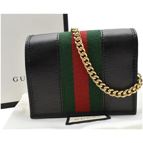 Gucci Rajah Web Leather Card Case Chain Wallet Black