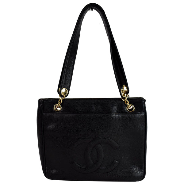 CHANEL Vintage Front Pocket Caviar Leather Tote Bag Black