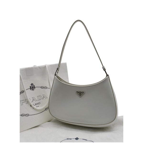 PRADA Cleo Brushed Leather Shoulder Bag White