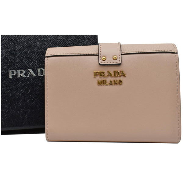 PRADA Cahier Saffiano French Compact Flap Wallet Beige