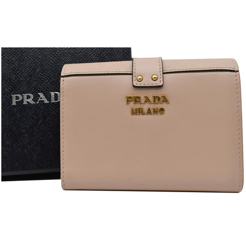 PRADA Cahier Saffiano French Compact Flap Wallet Beige