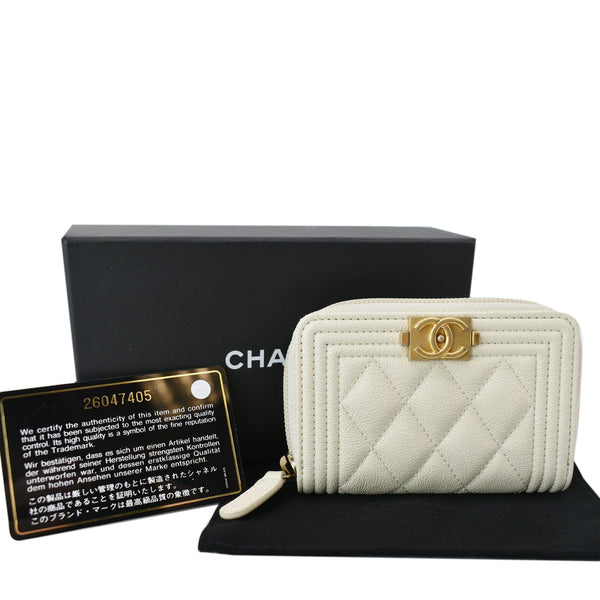 CHANEL Caviar Quilted Small Boy Zip Around Wallet White