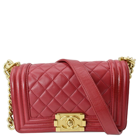 CHANEL Le Boy Small Lambskin Leather Shoulder Bag Red