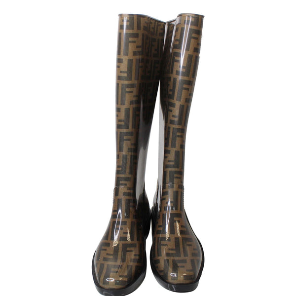 FENDI Tobacco Zucca Rubber Wedge Rain Boots Brown US 8