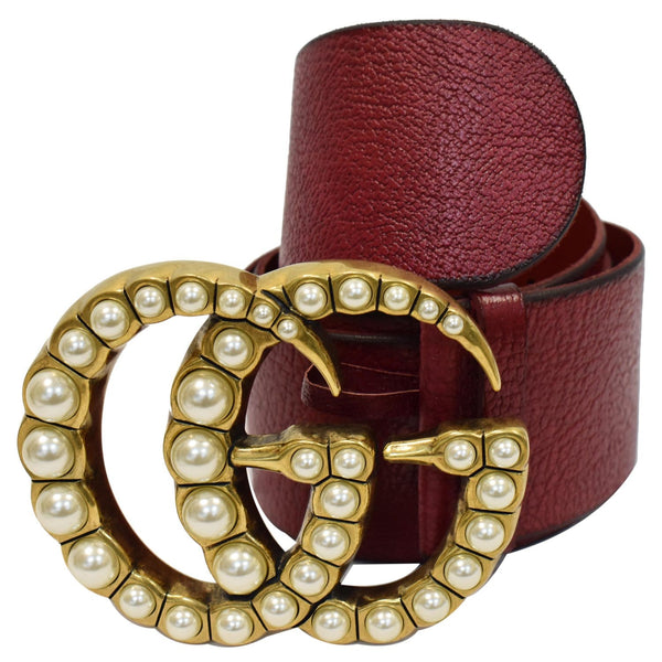 GUCCI Pearl Double G Buckle Leather Wide Belt Red 453261
