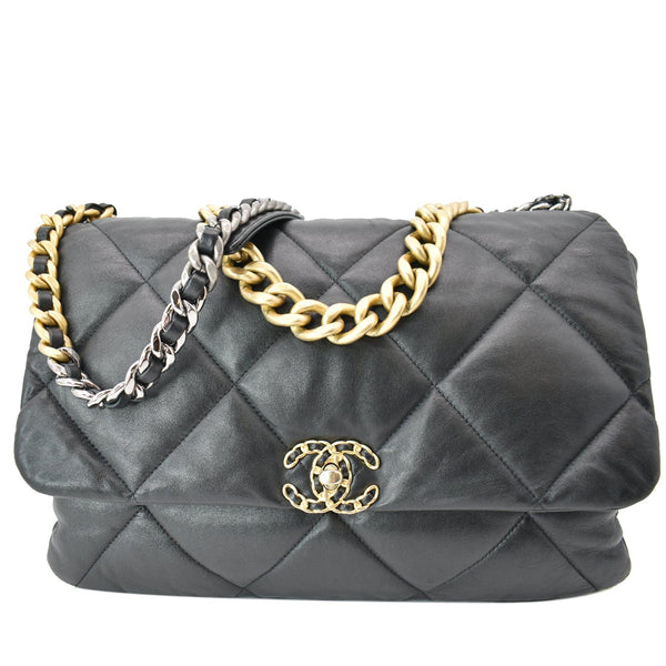 CHANEL 19 Large Flap Quilted Lambskin Leather Shoulder Bag Black