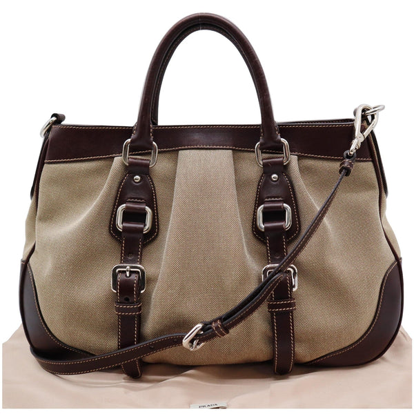 Used Prada Jacquard Logo Canvas Leather Tote Shoulder Bag