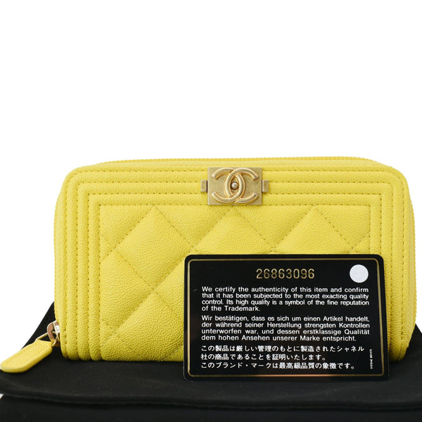 CHANEL Boy Caviar Quilted Zip Around Wallet Yellow