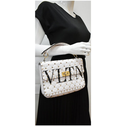 VALENTINO Medium Rockstud Spike Quilted Leather Tote Crossbody Bag White