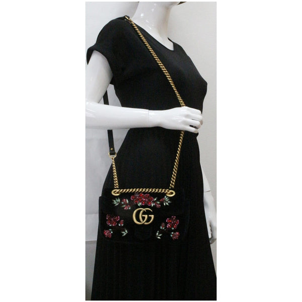 Gucci GG Marmont Floral Gems Mini Velvet Matelasse Embroidered Shoulder Bag Black