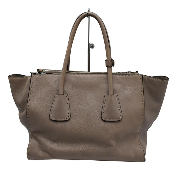 PRADA City Twin Pocket Calf Leather Tote Shoulder Bag Taupe