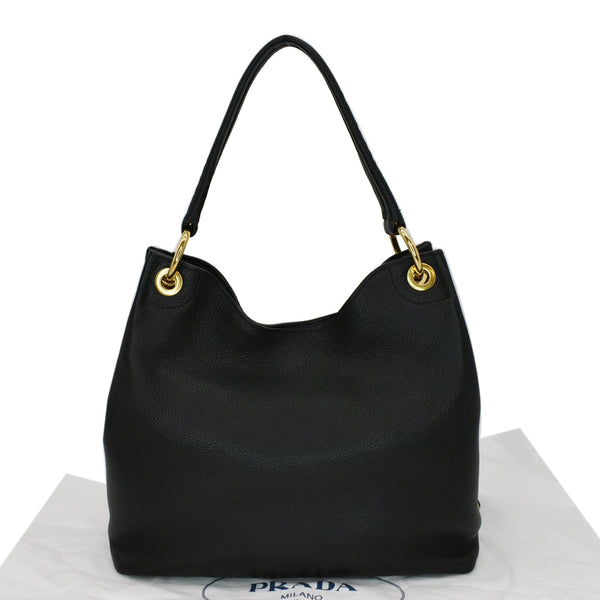 PRADA Vitello Phenix Leather Embossed Logo Hobo Bag Black
