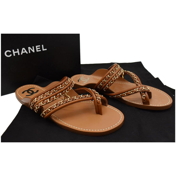 Chanel Thong CC Charm Leather Flat Sandals Brown