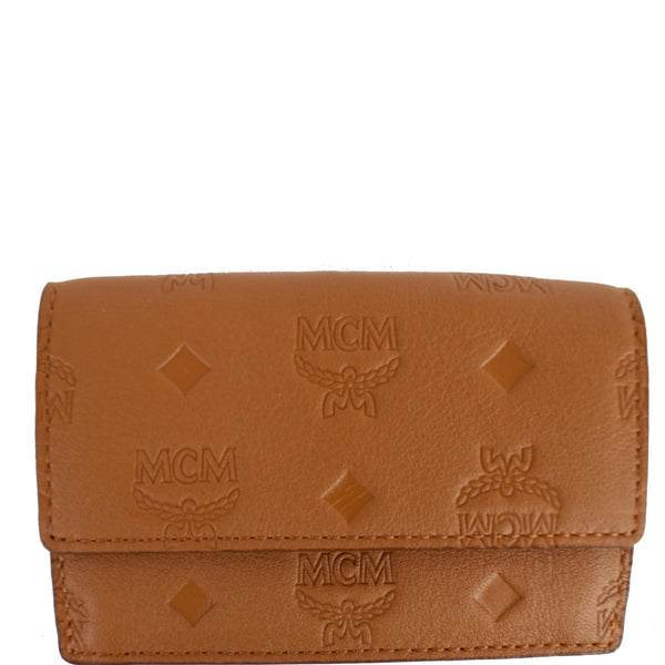MCM Klara Trifold Mini Monogram Leather Charm Wallet Cognac