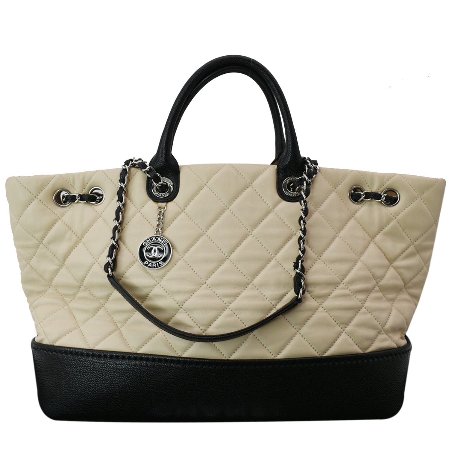 CHANEL Drawstring Large Quilted Calfskin Shopping Tote Bag Beige
