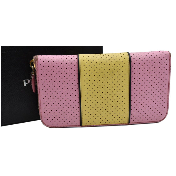 PRADA Striped Perforated Saffiano Leather Zip Around Wallet Pink/Yellow