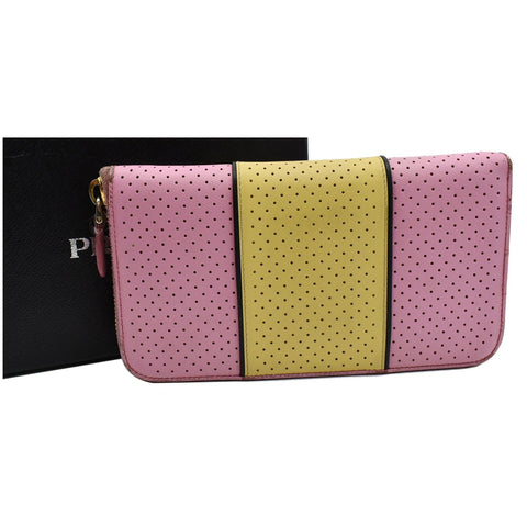 PRADA Striped Perforated Saffiano Leather Zip Around Wallet Pink/Yellow