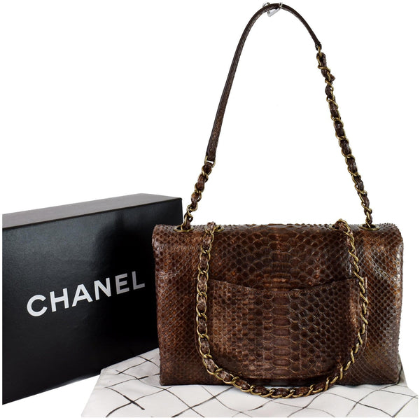 CHANEL Timeless Classic Flap Python Shoulder Bag Brown