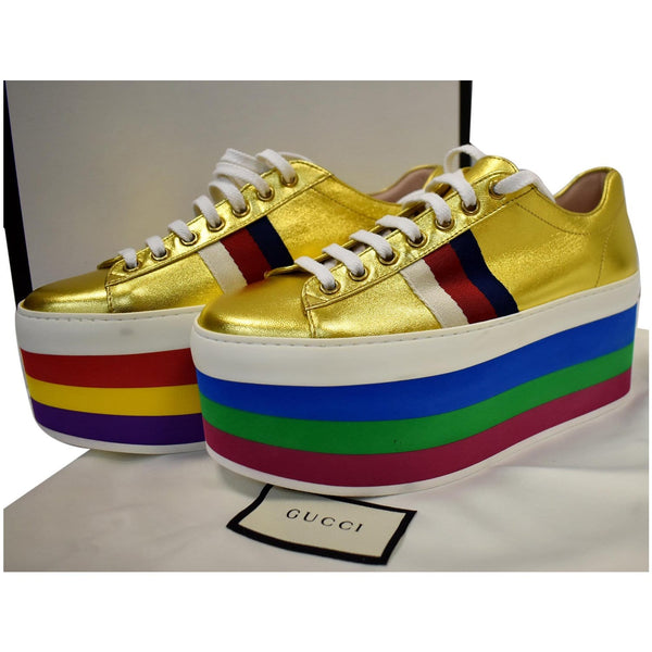 GUCCI Peggy Rainbow Metallic Nappa Silk Platform Sneakers Gold 474538 Size 36 - Final Sale
