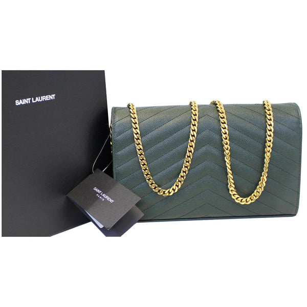 YVES SAINT LAURENT Chevron Grain De Poudre Envelope Chain Bag Olive Green