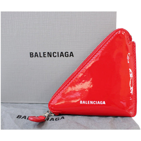 BALENCIAGA Triangle Patent Leather Coin Purse Red