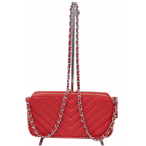 CHANEL Chevron Studded with Chain Lambskin Leather Shoulder Crossbody Bag Red-US