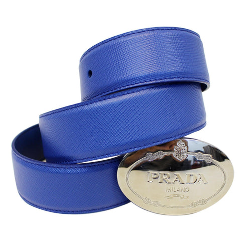 PRADA Round Logo Blue Saffiano Leather Belt Size 40-US