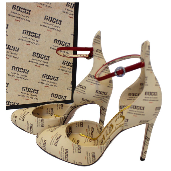 GUCCI Invite Stamp Print Apollo Pumps Beige Size 38-US