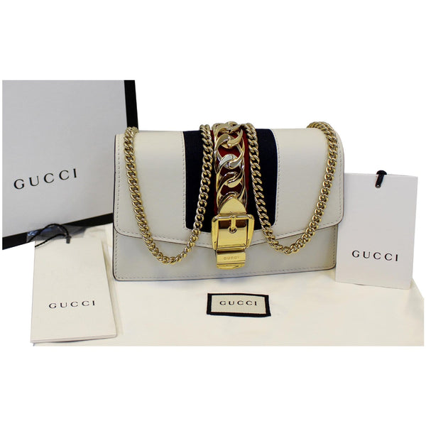 GUCCI Super Mini Sylvie Calfskin Leather Chain Crossbody Bag White