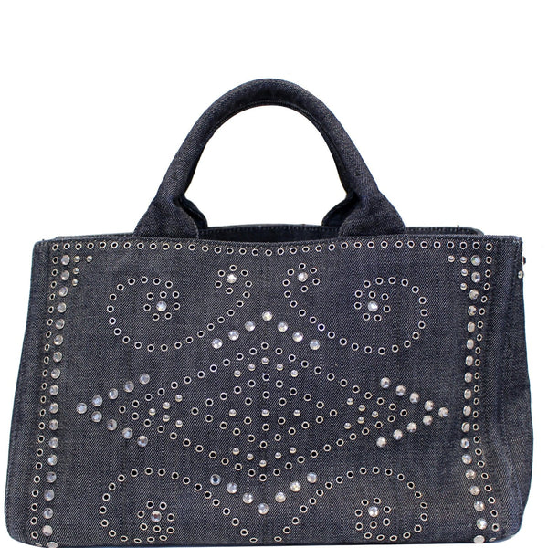 Prada Canapa Jeweled 2way Tote Bag in Denim-Front View