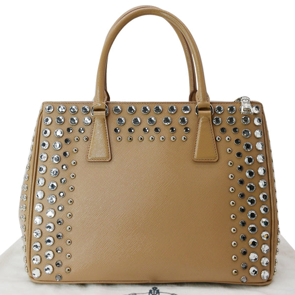 PRADA Women Vernice Crystal Studded Saffiano Leather Top Handle Shoulder Bag Beige