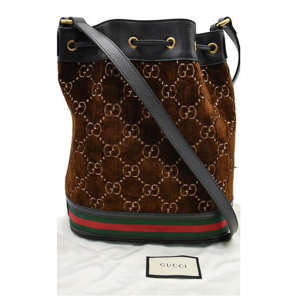 GUCCI GG Monogram Web Velvet Bucket Bag Brown 574960