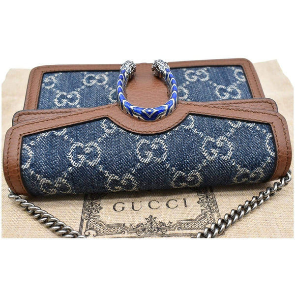 GUCCI Dionysus Super Mini GG Jacquard Denim Chain Shoulder Bag Dark Blue 476432