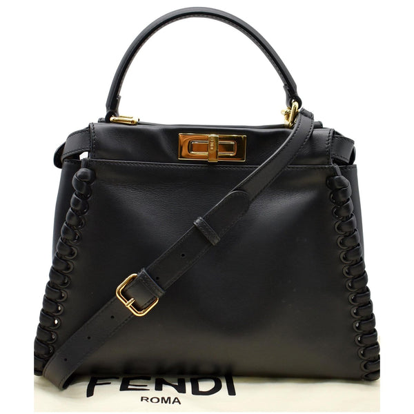 FENDI Peekaboo Medium Whipstitch Leather Satchel Shoulder Bag Black