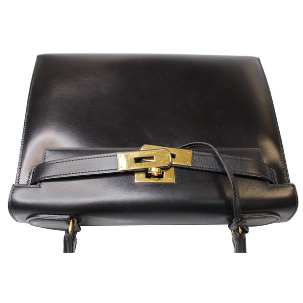 HERMES Kelly Sellier 28 Box Leather Satchel Bag Black