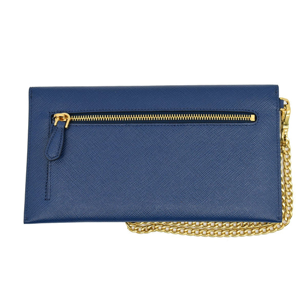 Prada Envelope Leather Chain Clutch Blue - outside zip