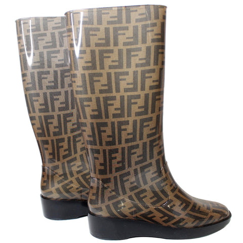 FENDI Tobacco Zucca Rubber Wedge Rain Boots Brown US 8