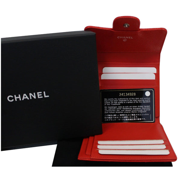 CHANEL Small Chevron Quilted Caviar Compact Flap Wallet Red
