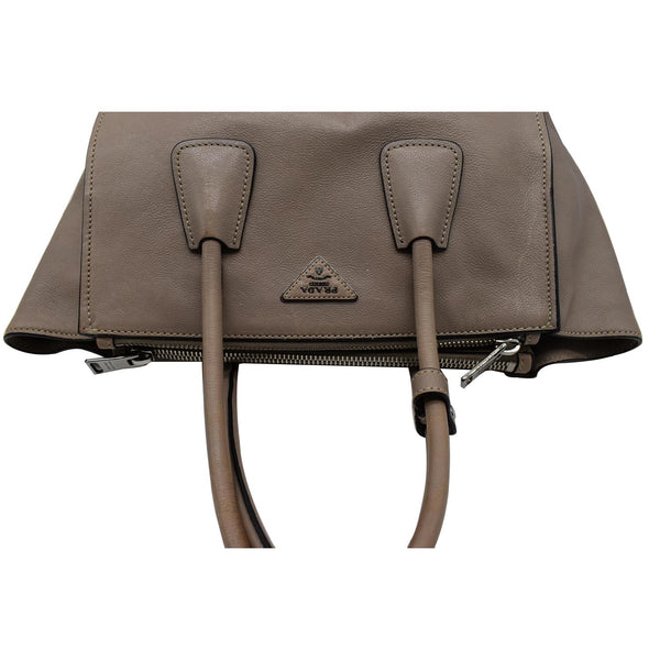 PRADA City Twin Pocket Calf Leather Tote Shoulder Bag Taupe
