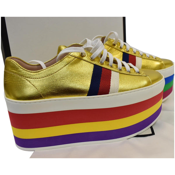 GUCCI Peggy Rainbow Metallic Nappa Silk Platform Sneakers Gold 474538 Size 36 - Final Sale