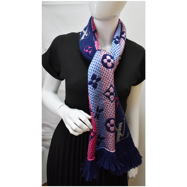 LOUIS VUITTON Logomania Rainbow Wool Silk Scarf Navy