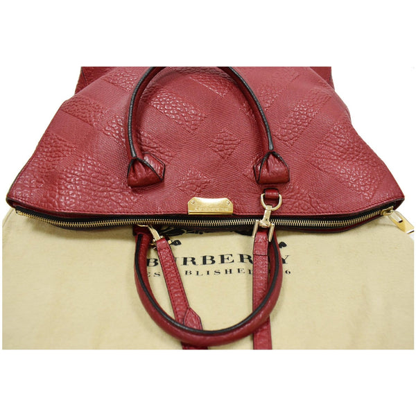 BURBERRY Dewsbury Medium Grain Check Embossed Tote Bag Red