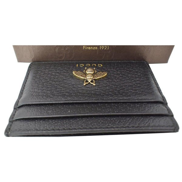 GUCCI Animalier Bee Leather Card Case Black 523685