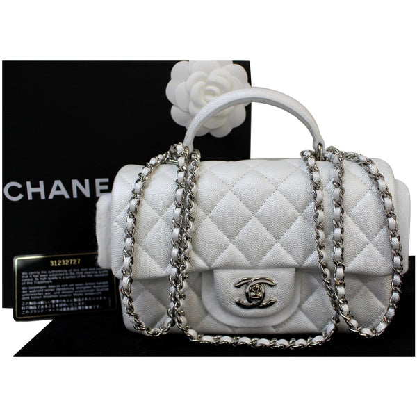 CHANEL Mini Top Handle Flap Caviar Leather Crossbody Bag White
