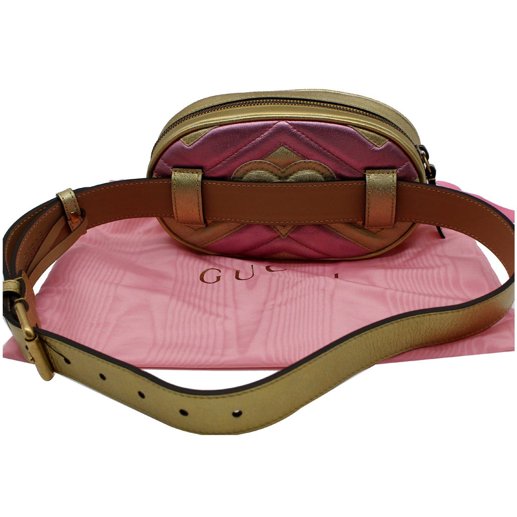 Gucci Pink & Gold Metallic Matelassé Marmont Belt Bag 85