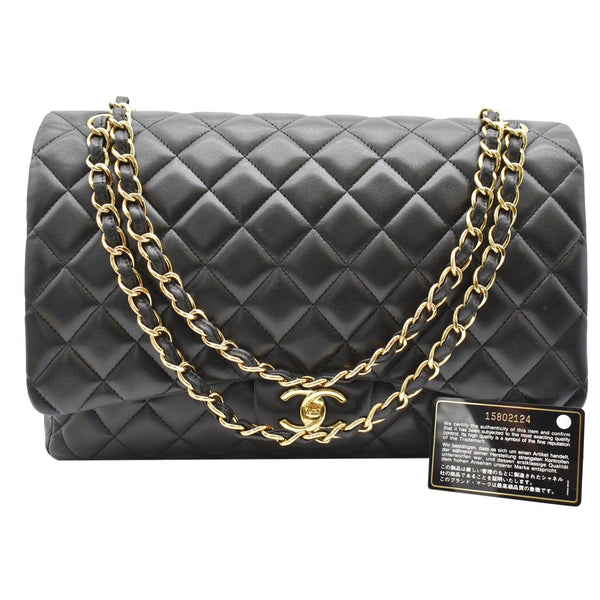 CHANEL Maxi Double Flap Lambskin Leather Shoulder Bag Black