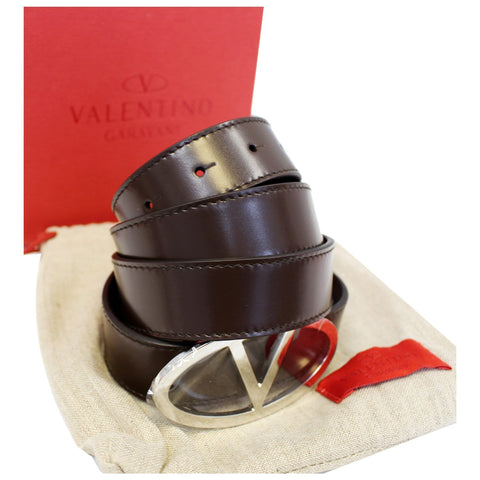 Valentino Logo Dark Brown Leather Belt Size 36-US