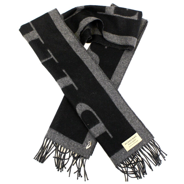 Burberry Scarf Logo Text Cashmere Black & Grey - left view