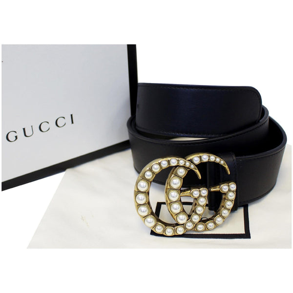 GUCCI Pearl Double G Black Leather Belt Size 100.40 Black